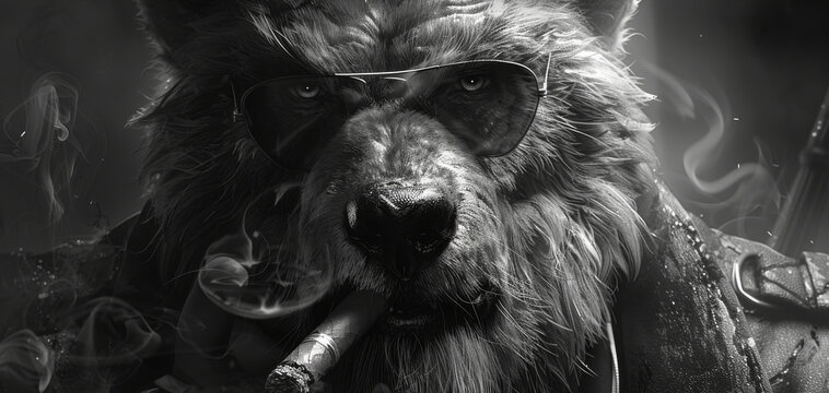 a black and white photo of a bear wearing sunglasses and holding a cigarette in its mouth with smoke coming out of its mouth.