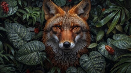 Naklejka premium a painting of a red fox surrounded by green leaves and red berries, with a red fox's face in the center of the foliage.