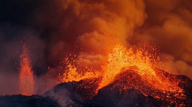 Close-up of a volcanic eruption with molten lava spewing against a dark, smoke-filled sky.