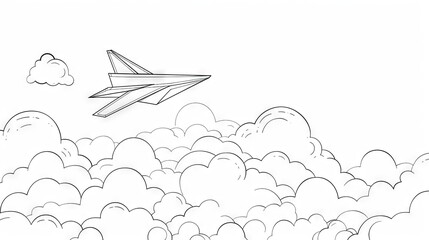 Continuous line drawing of a paper airplane flying through clouds, vector art concept.