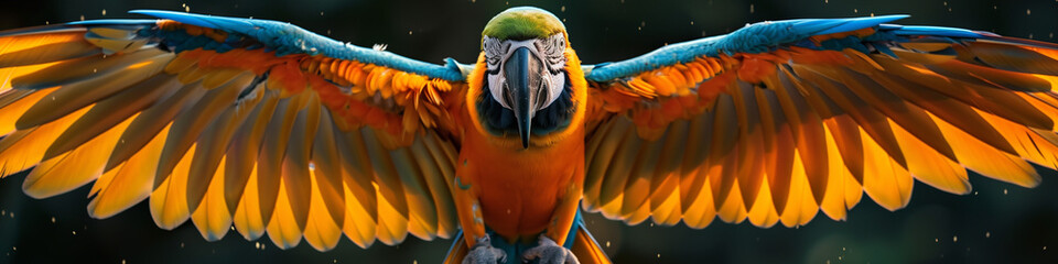 Beautifull parrot with spread wings. Flying macaw ara - obrazy, fototapety, plakaty