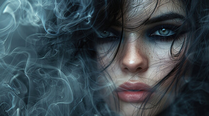 Beautiful fashion model woman with blue eyes. Fashion portrait isolated on smoke background merged with hair of model girl	
