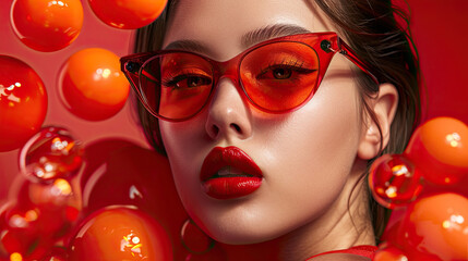Beautiful fashion model woman wearing red googles or sunglasses , Fashion portrait isolated on red glass balls background	
 - obrazy, fototapety, plakaty