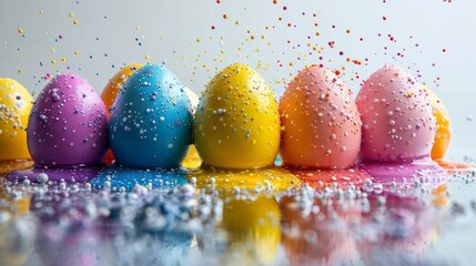 a row of brightly colored easter eggs with sprinkles on a reflective surface with a white wall in the background.