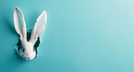 Bunny peeking out of a hole in blue wall
