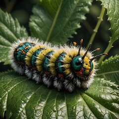 macro photo of a fluffy caterpillar on a leaf