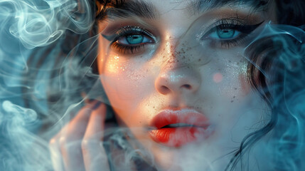 Beautiful fashion model woman with blue eyes. Fashion portrait isolated on smoke background 
