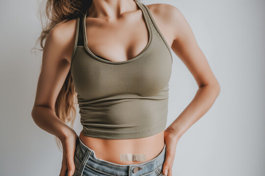 Uma mulher com o umbigo tapado, pr&aacute;tica baseada na ideia de prote&ccedil;&atilde;o energ&eacute;tica. O umbigo &eacute; visto como canal de conex&atilde;o e o chakra umbilical, no plexo solar, gera ectoplasma, associado &agrave; cura