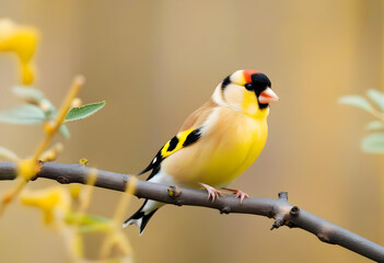 Cute male of goldfinch lugano bird with yellow plumage sitting on thin leafless twig in forest - obrazy, fototapety, plakaty