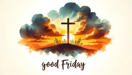 Good friday watercolor illustration of a cross silhouette standing on a hill.