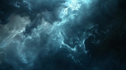 Fototapeta na wymiar Dark, swirling cosmic smoke against a space-like background, with starry ground lighting.