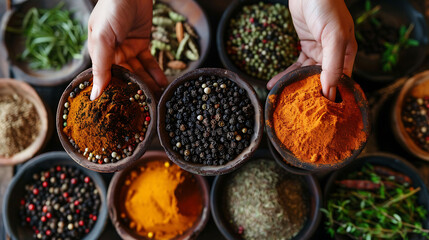 A person arranging a collection of spices, symbolizing variety and flavor in business operations