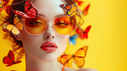 Beautiful fashion model woman wearing sunglasses and butterflies in background, Fashion portrait isolated on yellow  background	
