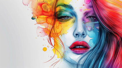 Beautiful fashion model woman with blue eyes. rainbow color art, Fashion portrait isolated on white background	
