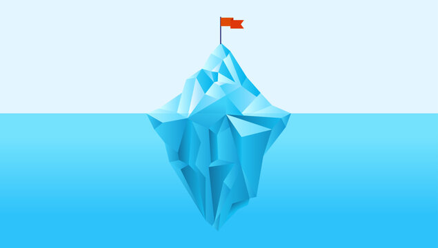 Iceberg mountaintop with flag on top - Business goal metaphor of tall ice berg in ocean landscape divided with half under water and above sea level. Flat design vector illustration in blue colours