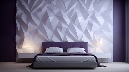 A tranquil 3D wall design in the bedroom featuring violet and white diamond-shaped motifs, adding a touch of elegance and sophistication to the space.