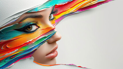 Beautiful fashion model woman with blue eyes. rainbow color art, Fashion portrait isolated on white...