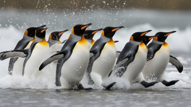 a group of penguins in the water splashing with a splash of water in front of them and one penguin in the foreground.