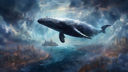 Fototapeta premium An unearthly scene where a huge whale swims through the clouds above a sleeping city, depicting the border between reality and dreams.
