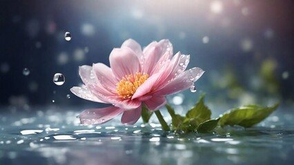 Blooming flower with water drops on blurred background
