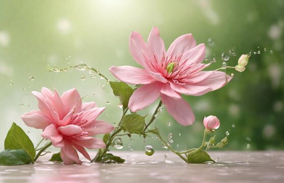 Blooming flower with water drops on a blurred background in pastel colors