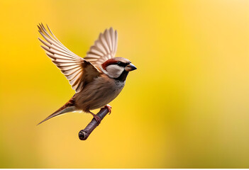 Flying House sparrow on white background (Passer domesticus) - obrazy, fototapety, plakaty