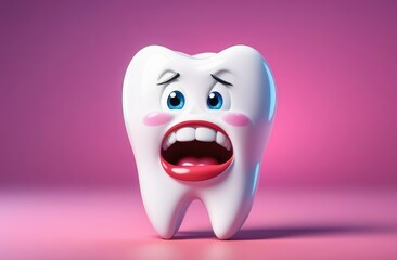 shocked cartoon character of white tooth on colorful background. pediatric dentistry, stomatology.