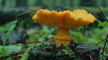 a close up of a mushroom on a tree stump in the rain with water droplets on the top of it.