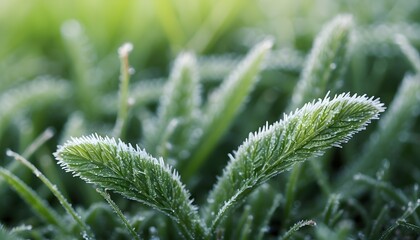 A macro shot focusing on the frost crystals delicately adorning each blade of green grass in the early morning, generative AI