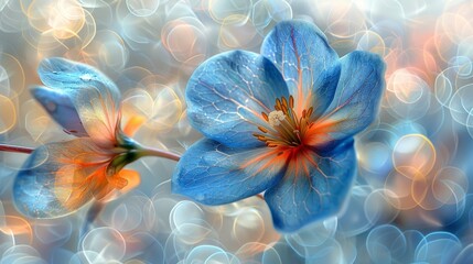 a close up of a blue flower on a blurry background with a blurry boke effect in the background.