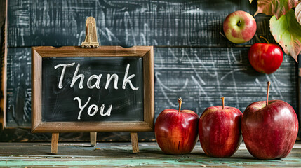 Thank you text in the wooden frame blackboard beside two apples for National Teacher Appreciation Day.	