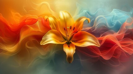 a painting of a yellow and red flower on a blue, orange, red, yellow, and green background.