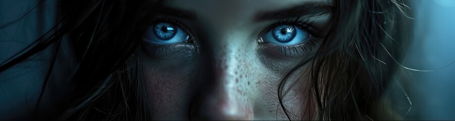 Fototapeta premium Close-up shot of beautiful wild young woman with blue eyes in dark blue background.
