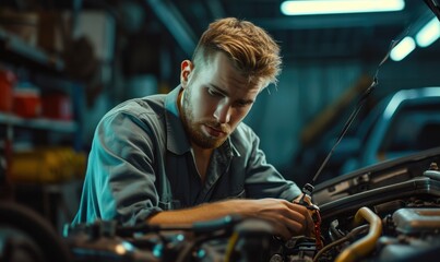 Young car mechanic is working on his car in the garage, intently checking its cables and engine.