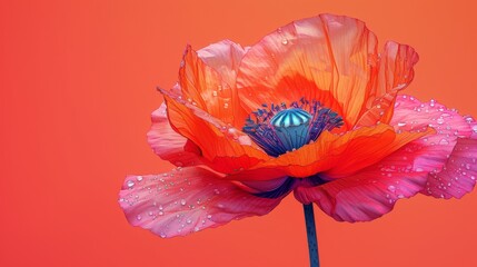 an orange and pink flower with drops of water on it's petals and a blue center on an orange background.