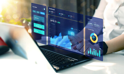 Dashboard Account digital. Crypto wallet KPI Dashboard on virtual screen. Businessman analysing finance data graph on stock market. Financial management technology.	