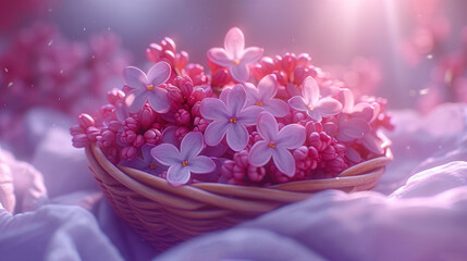 a basket filled with lots of pink flowers on top of a bed of white sheets on top of a bed.
