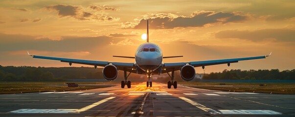 An airplane is landing on runway,  amazing afternoon sun shining background . - obrazy, fototapety, plakaty