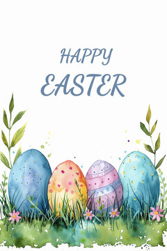 A watercolor painting depicting colorful Easter eggs nestled in vibrant green grass. Happy Easter card.