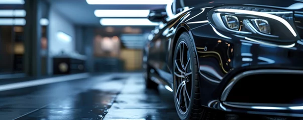 Fotobehang Capturing the sleek design and advanced technology of a luxury concept car, this close up highlights the intricate details of a parked vehicle's alloy wheel and synthetic rubber tire © Daniela