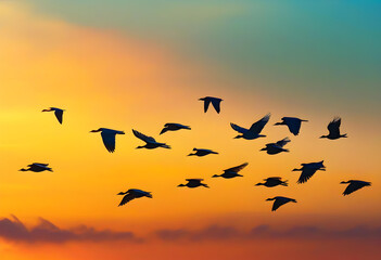 Dramatic flock of birds flying in sunset sky - obrazy, fototapety, plakaty