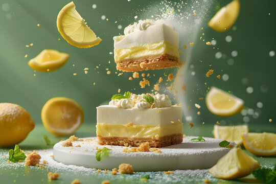Lemon Cheesecake slices and 3 or 4 pieces flying lemon pieces next to it, biscuit powder and pieces are scattered on the ground, the background of the picture is green isolated