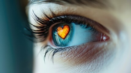 Close-up of a female eye with a pupil shaped like a romantic heart. AI generative.