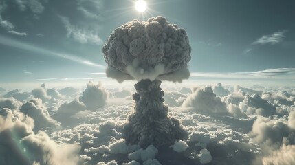 Atomic explosion mushroom cloud rising above the clouds - obrazy, fototapety, plakaty