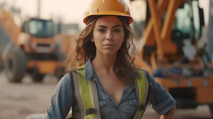 Smiling Woman at Construction Site, Wearing Hard Hat and Work Vest