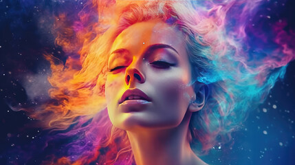 Colorful Fantasy Portrait Woman's Image Combined with Digital Paint Splash and Space Elements