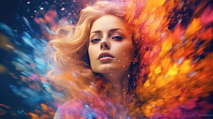 Obraz na płótnie Canvas Colorful Fantasy Portrait Woman's Image Combined with Digital Paint Splash and Space Elements