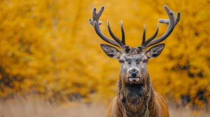 a close up of a deer with antlers on it's head in front of trees with yellow leaves.