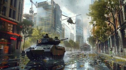 military equipment, including an armored personnel carrier, a tank, and a helicopter, amidst the modern skyline of a bustling city.