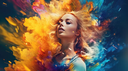 Obraz na płótnie Canvas Colorful Fantasy Portrait Woman's Image Combined with Digital Paint Splash and Space Elements